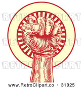 Vector Clip Art of a Retro Revolutionary Fist over a Circle of Rays - Red and Yellow Theme by AtStockIllustration