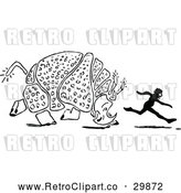 Vector Clip Art of a Retro Rhino Chasing a Black Silhouette Boy by Prawny Vintage