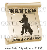 Vector Clip Art of a Retro Silhouetted Outlaw Wanted Dead or Alive Poster with Bullet Holes by AtStockIllustration