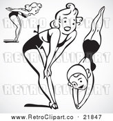 Vector Clip Art of a Retro Swim Collage Featuring Happy Women in Bathing Suits by BestVector