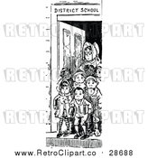 Vector Clip Art of a Retro Teacher Standing with Young Student at Front Door of School by Prawny Vintage