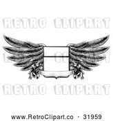 Vector Clip Art of a Retro Winged Shield Insignia with a Banner Scroll in Black and White by AtStockIllustration