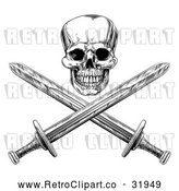 Vector Clip Art of a Ruthless Retro Human Skull Maliciously Grinning with Crisscrossed Swords by AtStockIllustration