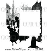 Vector Clip Art of a Silhouetted Retro Village with People and Blank Text Space by Prawny Vintage