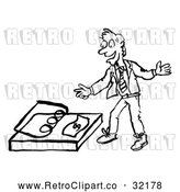 Vector Clip Art of a Smiling Retro Business Man Reaching for Money Bait Trap in Black and White by AtStockIllustration