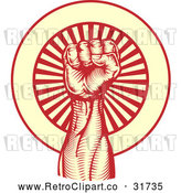 Vector Clip Art of a Stong Retro Power Fist over a Red Yellow Bursting Background by AtStockIllustration