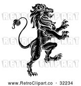 Vector Clip Art of a Vicious Black Retro Heraldic Lion Rearing up with Aggressive Intentions by AtStockIllustration