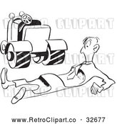 Vector Clip Art of an Injured Retro Worker Beside Roller Machine on Wheels by Picsburg