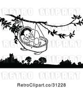 Vector Clip Art of Baby in a Cradle Hanging from a Tree by Prawny Vintage