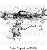 Vector Clip Art of Boy Reaching out for a Toy Boat in a Flooded River by Prawny Vintage