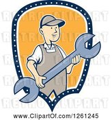 Vector Clip Art of Cartoon Retro Guy Holding a Spanner Wrench in a Blue White and Yellow Shield by Patrimonio