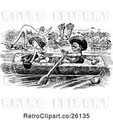 Vector Clip Art of Couple in a Log Canoe, with Dinosaurs by Prawny Vintage