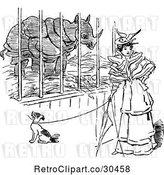 Vector Clip Art of Lady and Dog by a Rhino Cage by Prawny Vintage