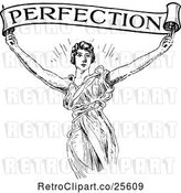 Vector Clip Art of Lady Holding up a Perfection Banner Scroll by Prawny Vintage