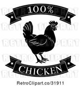 Vector Clip Art of Retro 100 Percent Chicken Food Banners and Rooster by AtStockIllustration