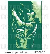Vector Clip Art of Retro 1030s Styled Green Toned Farm Worker Picking Fruit from a Pear Tree by Patrimonio