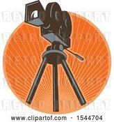 Vector Clip Art of Retro 35mm Motion Picture Camera on a Tripod in a Circle of Rays by Patrimonio