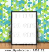 Vector Clip Art of Retro 3d Blank Picture Frame Leaning Against Geometric Wallpaper on a Wood Floor by KJ Pargeter