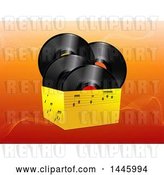 Vector Clip Art of Retro 3d Box of Music Notes and Vinyl Record Albums over Orange Waves by Elaineitalia