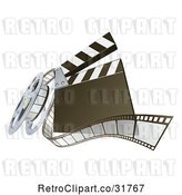 Vector Clip Art of Retro 3d Clapperboard and Film Reel by AtStockIllustration