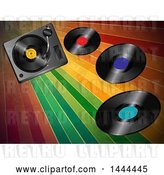 Vector Clip Art of Retro 3d Music Turntable Deck and Vinyl Records over Colorful Stripes by Elaineitalia
