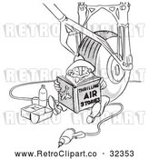 Vector Clip Art of Retro Airplane Assembly Worker Man Reading and Eating Lunch by a Wheel Black and White by Picsburg