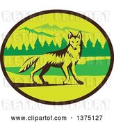 Vector Clip Art of Retro Alert Coyote in a Mountains and Woods Oval by Patrimonio