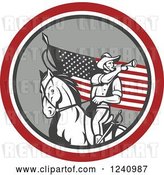 Vector Clip Art of Retro American Cavalry Soldier Playing a Trumpet on Horseback over an American Flag by Patrimonio