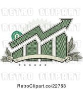 Vector Clip Art of Retro American Dollar Themed Bar Graph and Growth Arrow with a Blank Banner, Stars, Stamp and Leaves by BestVector