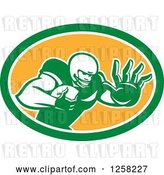 Vector Clip Art of Retro American Football Player Fending off in a Green White and Orange Oval by Patrimonio