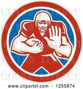 Vector Clip Art of Retro American Football Player Fending off in a Red White and Blue Circle by Patrimonio