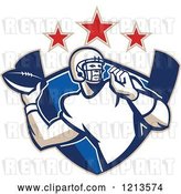 Vector Clip Art of Retro American Football Player Gridiron Quarterback Throwing a Ball over a Shield Under Stars by Patrimonio