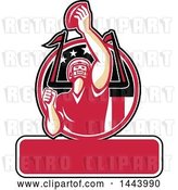 Vector Clip Art of Retro American Football Player Holding up a Ball for Super Bowl LI in a Red Circle over Text Space by Patrimonio