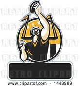 Vector Clip Art of Retro American Football Player Holding up a Ball with Text Space for Super Bowl LI in a Black Yellow and White Circle by Patrimonio