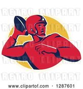 Vector Clip Art of Retro American Football Player Quaterback Passing the Ball over a Yellow Oval by Patrimonio