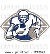 Vector Clip Art of Retro American Football Player Runningback with a Ball over a Design by Patrimonio
