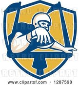 Vector Clip Art of Retro American Football Player Scoring a Touchdown in a Blue White and Yellow Shield by Patrimonio