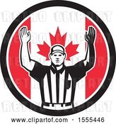 Vector Clip Art of Retro American Football Referee Gesturing Touchdown in a Canadian Flag Circle by Patrimonio