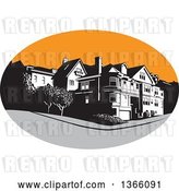 Vector Clip Art of Retro American Mansion House in a Gray and Orange Oval by Patrimonio