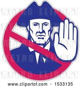 Vector Clip Art of Retro American Patriot Gesturing Stop Inside a Prohibited Symbol by Patrimonio