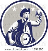 Vector Clip Art of Retro American Patriot Guy Carrying a Beer Keg and Holding up a Mug in a Blue White and Taupe Circle by Patrimonio