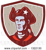 Vector Clip Art of Retro American Patriot Minuteman Revolutionary Soldier in a Maroon White and Tan Shield by Patrimonio