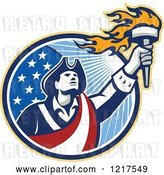 Vector Clip Art of Retro American Patriot Soldier Holding a Torch over a Circle by Patrimonio