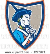 Vector Clip Art of Retro American Patriot Soldier with a Musket in an Orange Blue White and Taupe Shield by Patrimonio