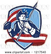 Vector Clip Art of Retro American Patriot Soldier with an American Football and Flag in a Shield by Patrimonio