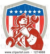 Vector Clip Art of Retro American Revolutionary Patriot Soldier Mechanic Guy Holding a Spanner Wrench in a Shield by Patrimonio