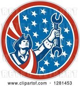 Vector Clip Art of Retro American Revolutionary Patriot Soldier Mechanic Holding a Spanner Wrench in a Patriotic Circle by Patrimonio