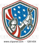 Vector Clip Art of Retro American Revolutionary Patriot Soldier Mechanic Holding a Spanner Wrench in a Patriotic Shield by Patrimonio