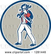 Vector Clip Art of Retro American Revolutionary Patriot Soldier Mechanic Walking with a Spanner Wrench in a Blue White and Taupe Circle by Patrimonio