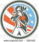 Vector Clip Art of Retro American Revolutionary Patriot Soldier Mechanic Walking with a Spanner Wrench in a Patriotic Circle by Patrimonio
